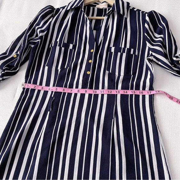 Navy Blue + White Vertical Stripe Shirtdress with Gold Buttons - Picture 5 of 11